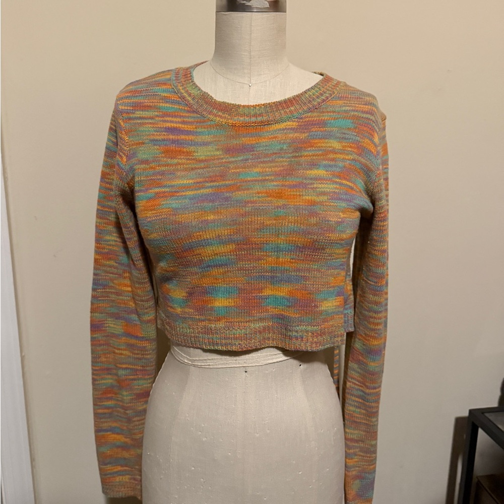 Edikted Orange and Blue Crew Neck Cropped Sweater